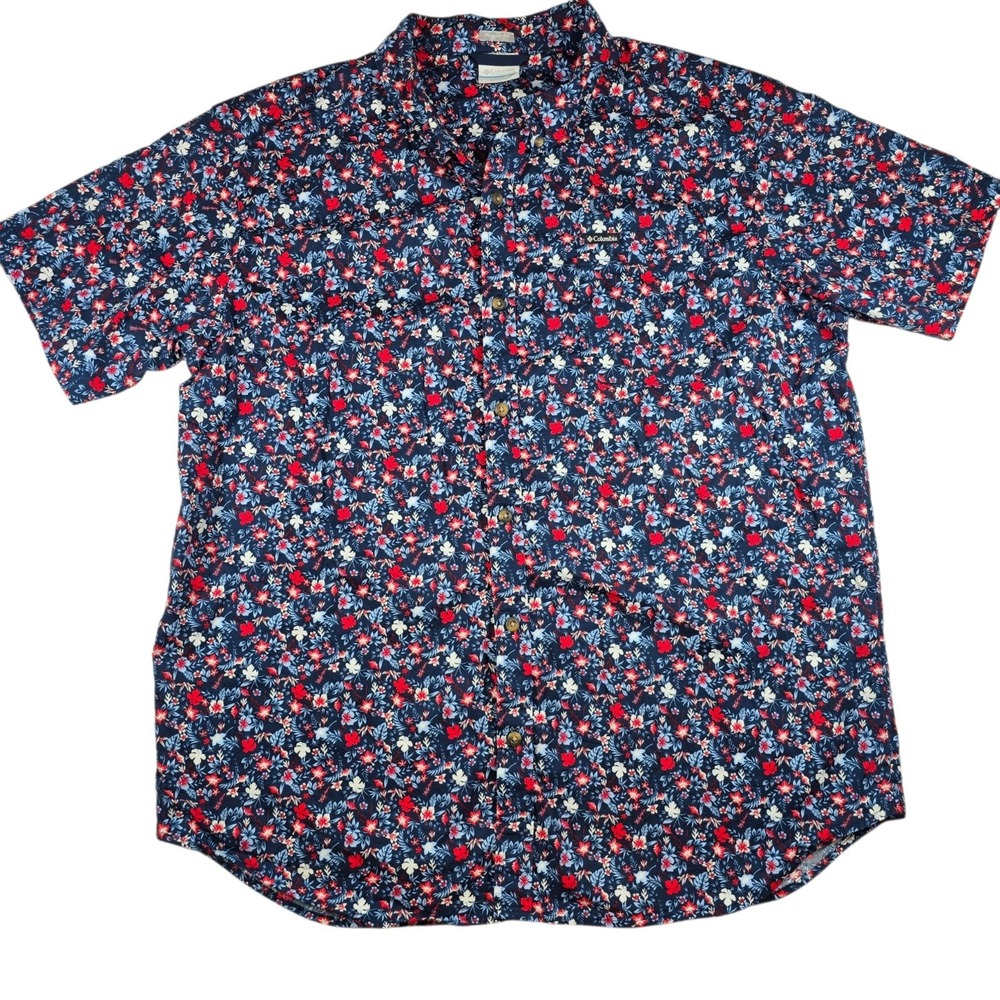Columbia Red White Blue Floral Print Regular Fit Short Sleeve Shirt Men's Sz XL